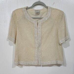 Vintage Stenay Beaded Short Sleeve Cream & Ivory Jacket Size XL